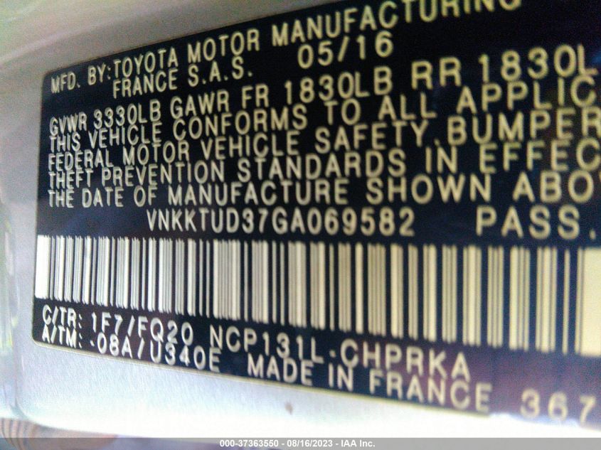2016 TOYOTA YARIS L/SE/LE - VNKKTUD37GA069582