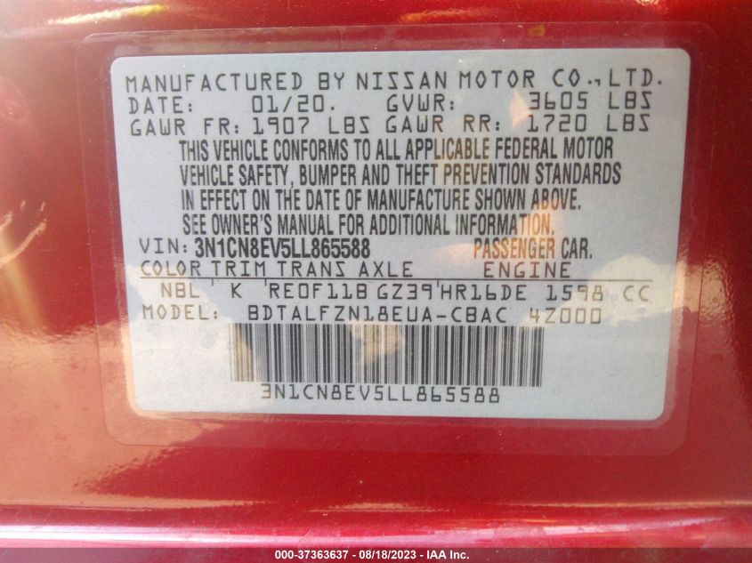 2020 NISSAN VERSA SV - 3N1CN8EV5LL865588