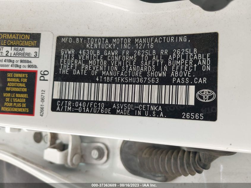 2017 TOYOTA CAMRY XLE/SE/LE/XSE - 4T1BF1FK5HU367563