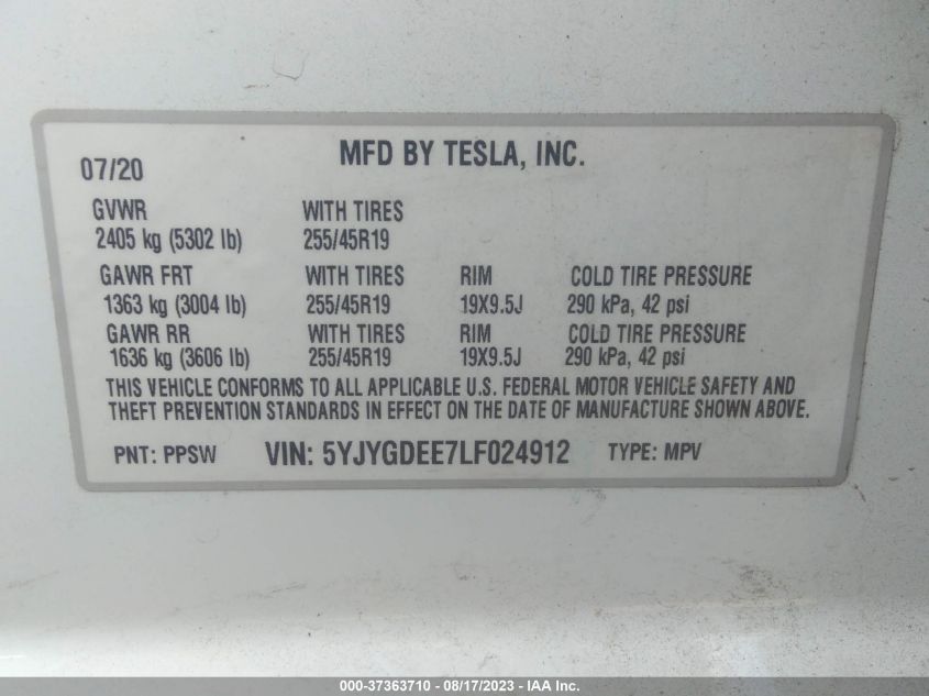 2020 TESLA MODEL Y LONG RANGE - 5YJYGDEE7LF024912