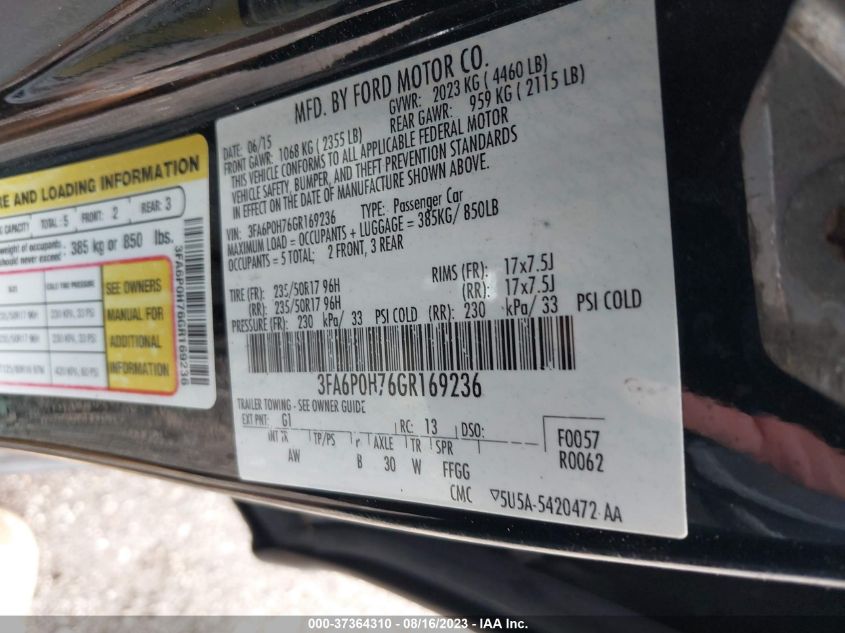 2016 FORD FUSION SE - 3FA6P0H76GR169236