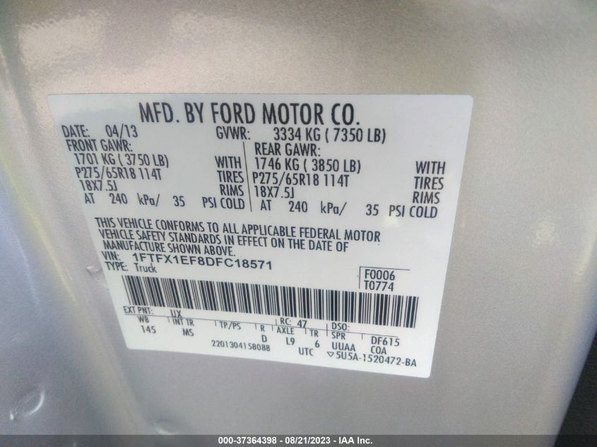 2013 FORD F-150 XL/STX/XLT/FX4/LARIAT - 1FTFX1EF8DFC18571