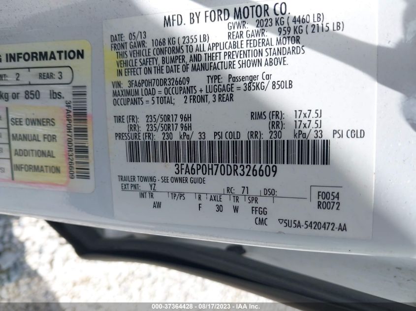 2013 FORD FUSION SE - 3FA6P0H70DR326609