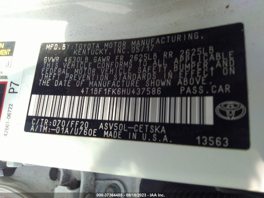 2017 TOYOTA CAMRY SE - 4T1BF1FK6HU437586