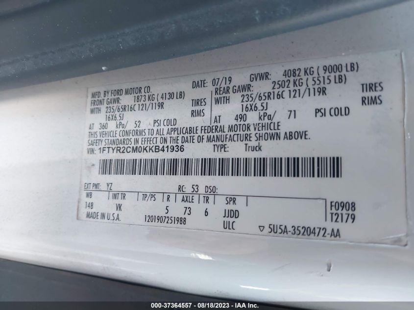 2019 FORD TRANSIT VAN - 1FTYR2CM0KKB41936