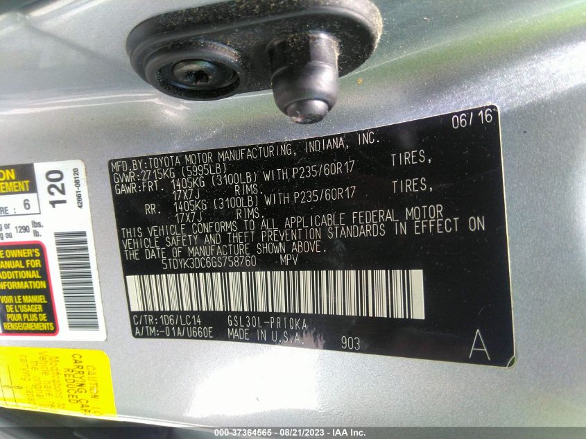 2016 TOYOTA SIENNA XLE - 5TDYK3DC6GS758760