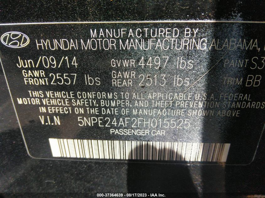 2015 HYUNDAI SONATA 2.4L SE - 5NPE24AF2FH015525