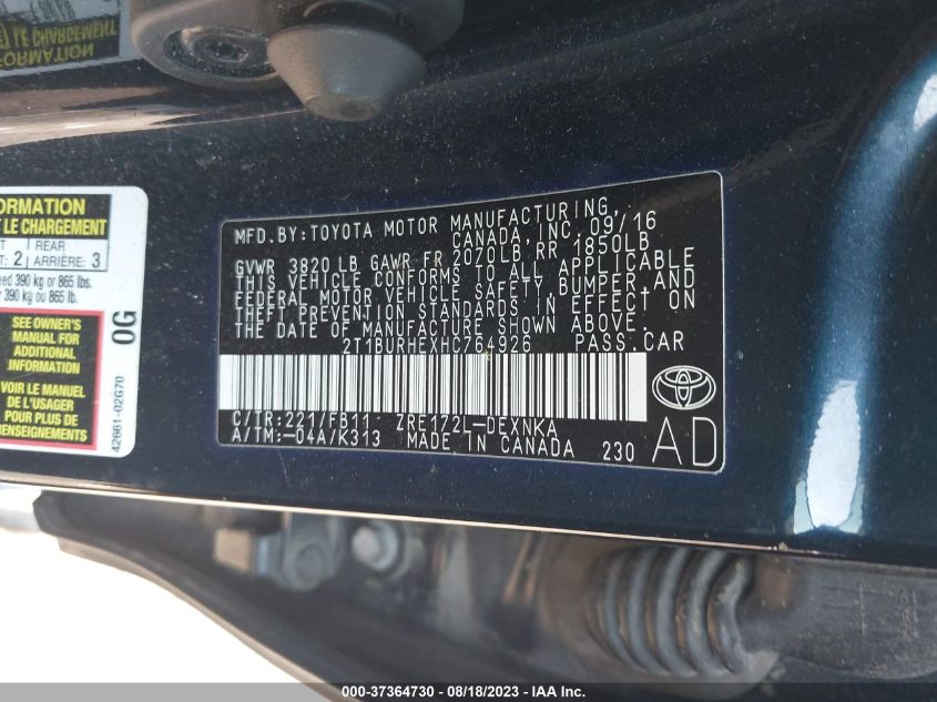2017 TOYOTA COROLLA L/LE/XLE/SE/XSE - 2T1BURHEXHC764926