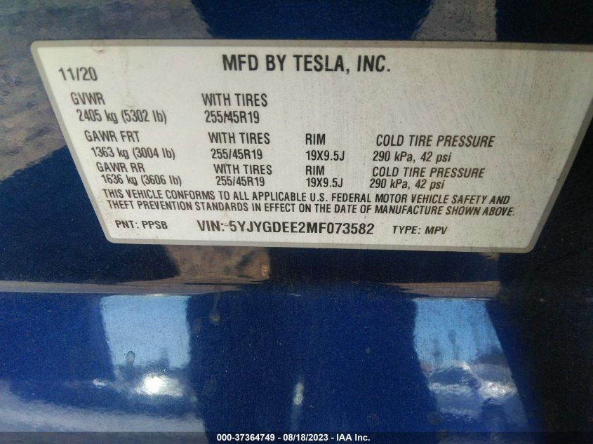 2021 TESLA MODEL Y - 5YJYGDEE2MF073582