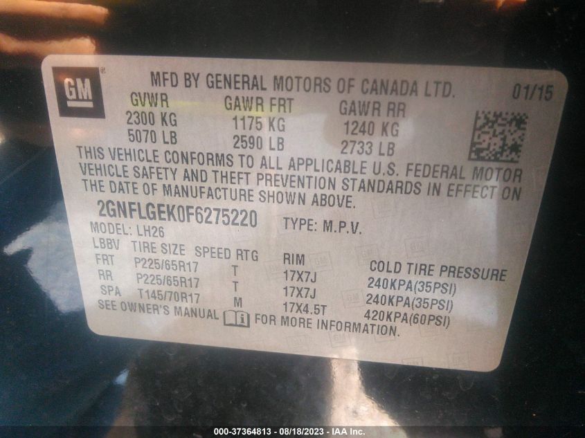 2015 CHEVROLET EQUINOX LT - 2GNFLGEK0F6275220