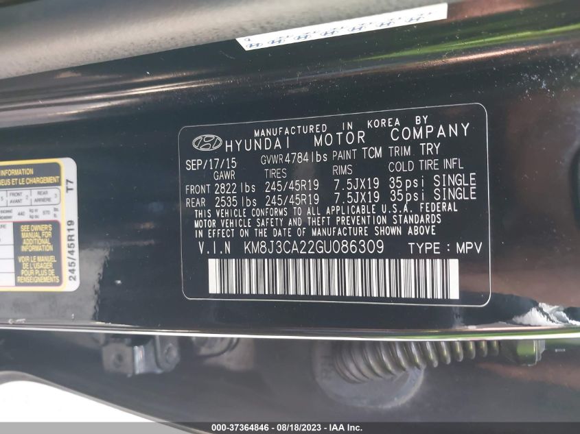 2016 HYUNDAI TUCSON SPORT - KM8J3CA22GU086309