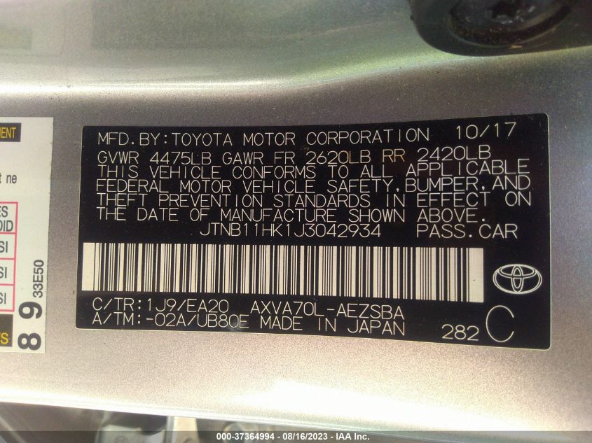 2018 TOYOTA CAMRY LE/SE/XLE/L - JTNB11HK1J3042934