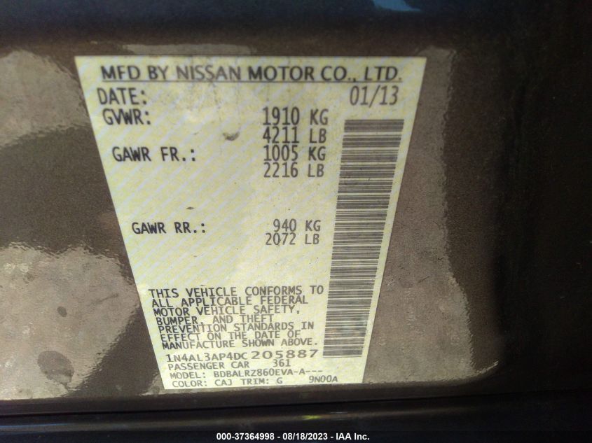 2013 NISSAN ALTIMA 2.5/S/SV/SL - 1N4AL3AP4DC205887