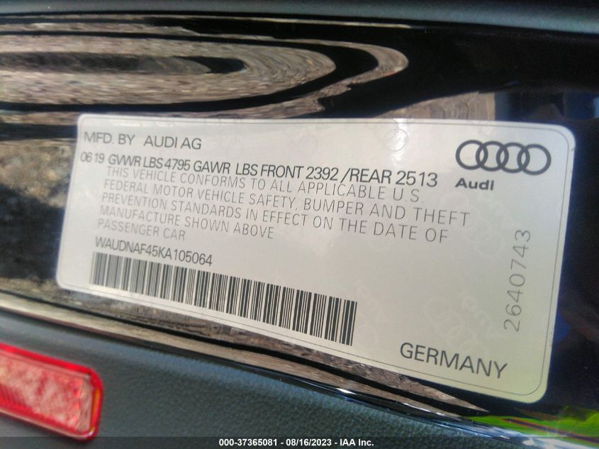 2019 AUDI A4 PREMIUM - WAUDNAF45KA105064