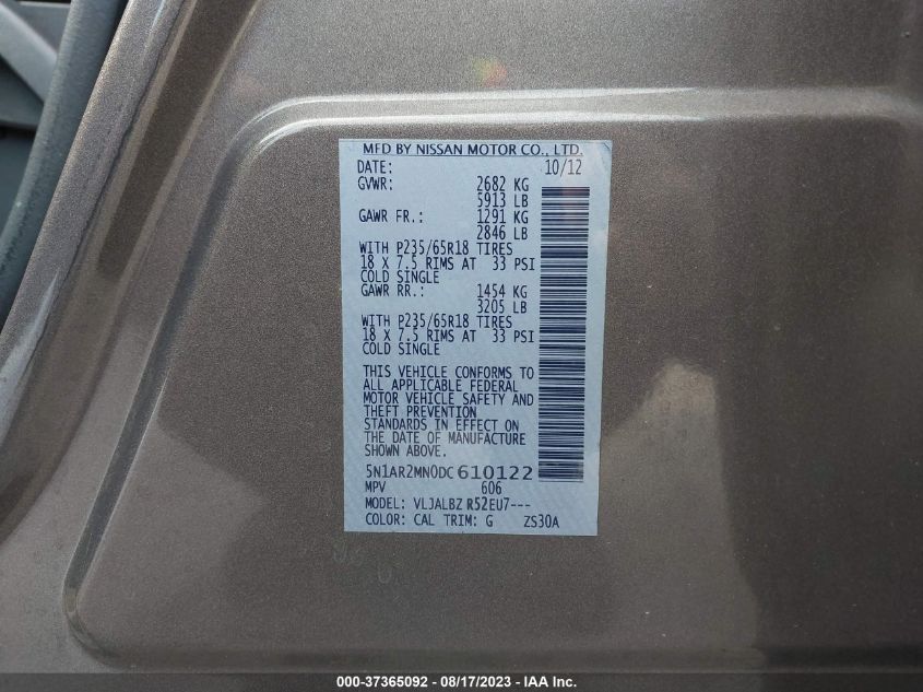 2013 NISSAN PATHFINDER S - 5N1AR2MN0DC610122