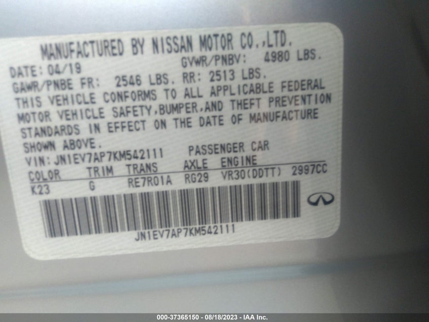 VIN JN1EV7AP7KM542111 2019 INFINITI Q50 LUXE/SPORT/SIGNATURE EDIT