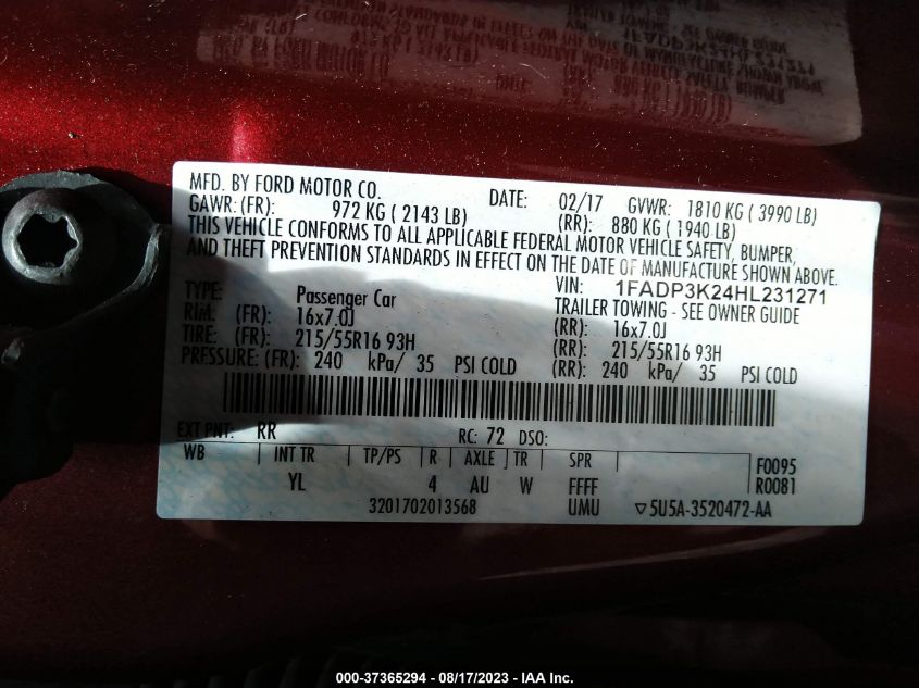 2017 FORD FOCUS SE - 1FADP3K24HL231271