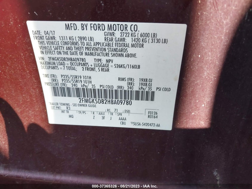 VIN 2FMGK5D82HBA09780 2017 FORD FLEX LIMITED