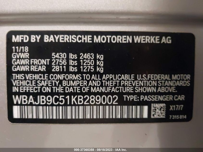 2019 BMW 5 SERIES M550I XDRIVE - WBAJB9C51KB289002