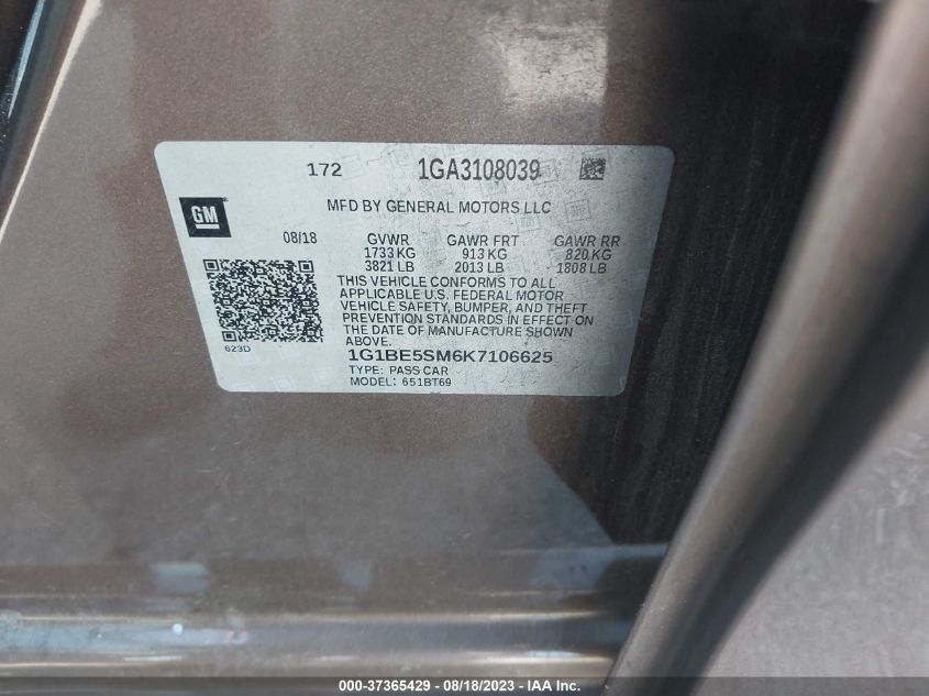 2019 CHEVROLET CRUZE LT - 1G1BE5SM6K7106625