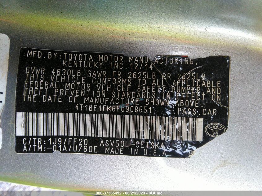 2015 TOYOTA CAMRY XLE/SE/LE/XSE - 4T1BF1FK6FU908651