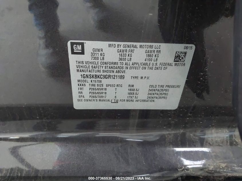 2016 CHEVROLET TAHOE K1500 LT - 1GNSKBKC9GR121189