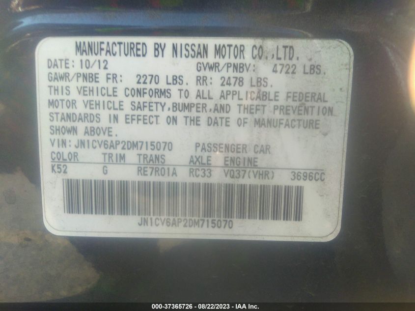 2013 INFINITI G37 SEDAN JOURNEY JN1CV6AP2DM715070