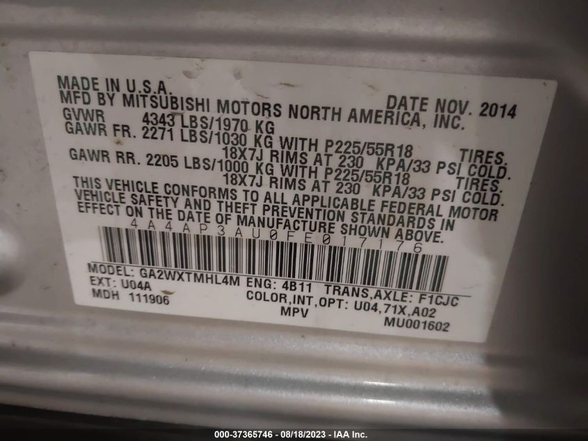 2015 MITSUBISHI OUTLANDER SPORT ES - 4A4AP3AU0FE017176