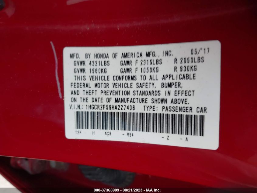 2017 HONDA ACCORD SEDAN SPORT - 1HGCR2F59HA227406