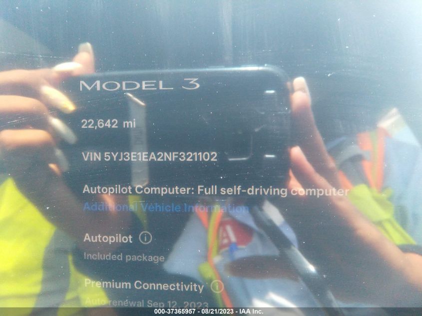 VIN 5YJ3E1EA2NF321102 2022 TESLA MODEL 3