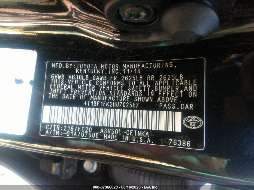 2017 TOYOTA CAMRY XLE/SE/LE/XSE - 4T1BF1FK2HU702567