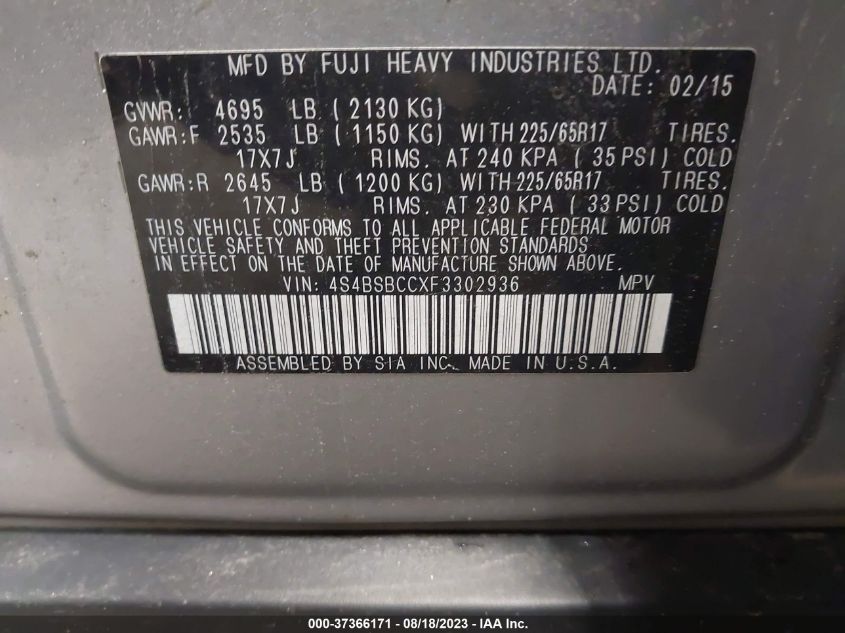 2015 SUBARU OUTBACK 2.5I PREMIUM - 4S4BSBCCXF3302936