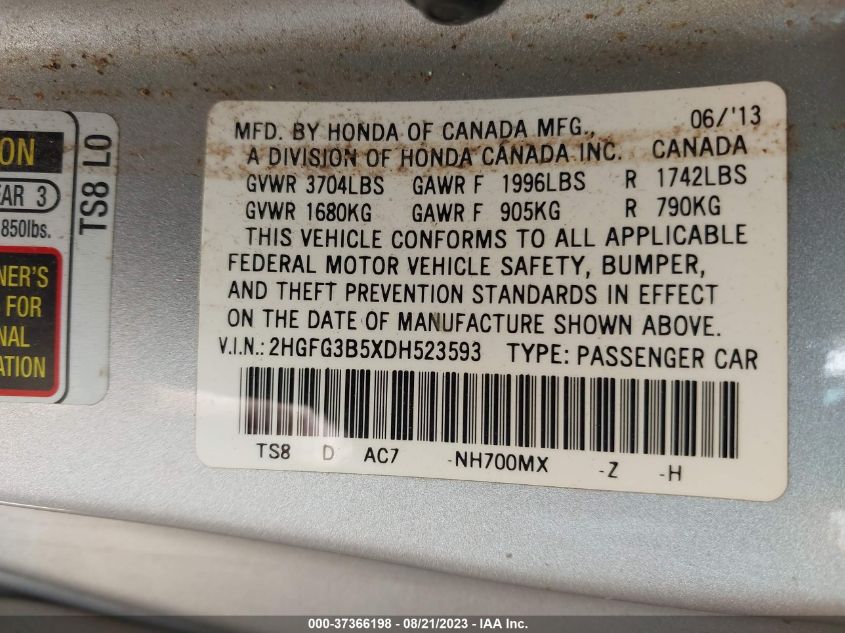 2013 HONDA CIVIC CPE LX 2HGFG3B5XDH523593