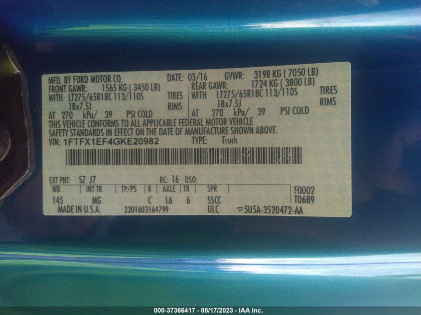 2016 FORD F-150 XLT/XL/LARIAT - 1FTFX1EF4GKE20982