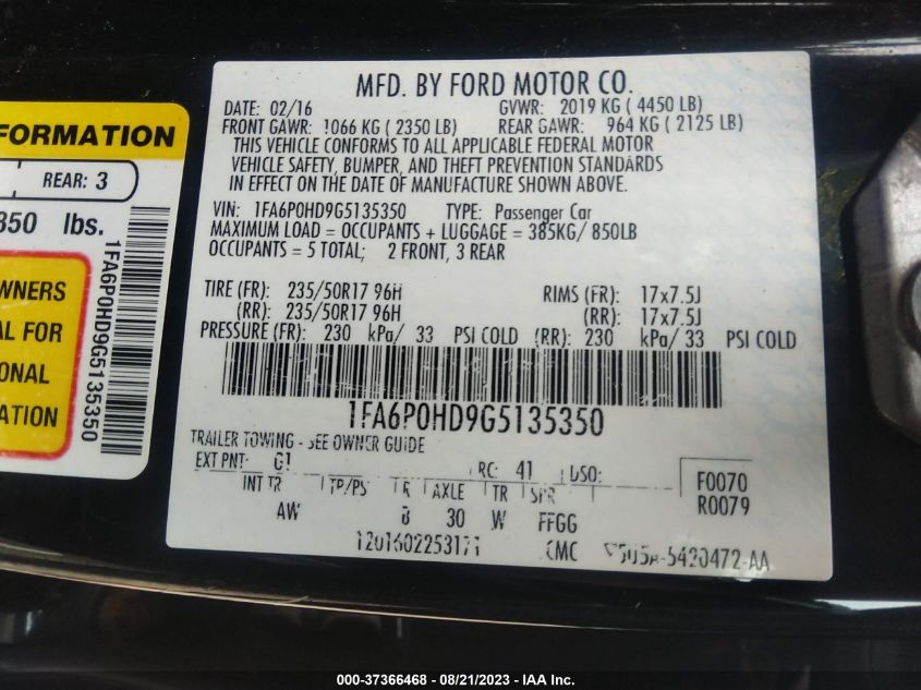 2016 FORD FUSION SE - 1FA6P0HD9G5135350