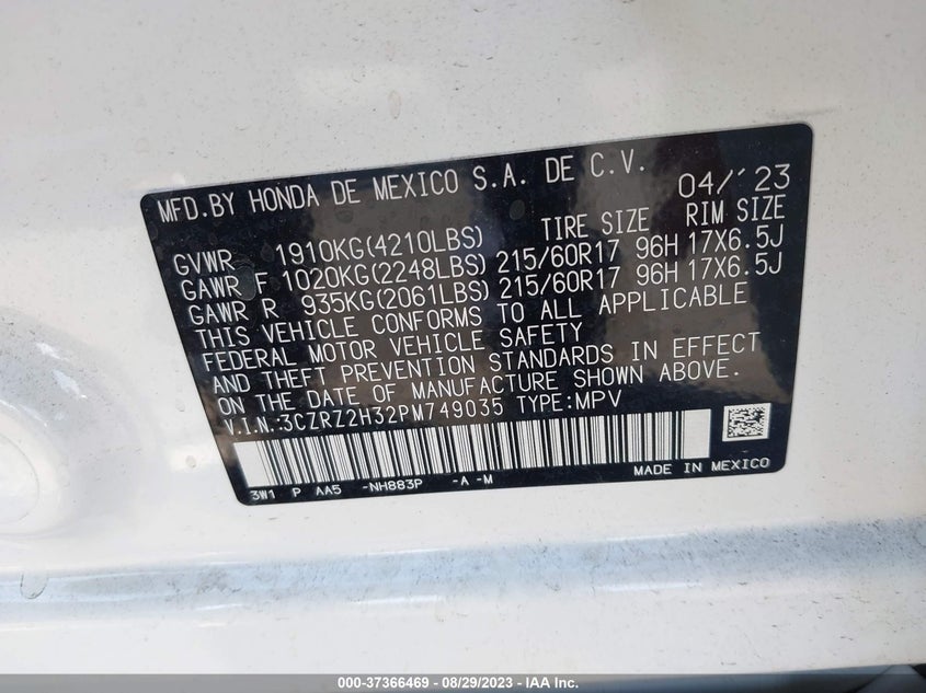VIN 3CZRZ2H32PM749035 2023 HONDA HR-V LX