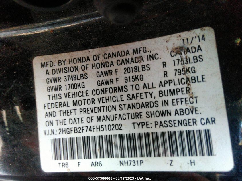 2015 HONDA CIVIC SEDAN SE - 2HGFB2F74FH510202