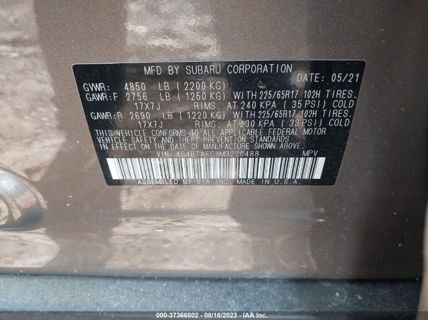 2021 SUBARU OUTBACK PREMIUM - 4S4BTAFC4M3220488