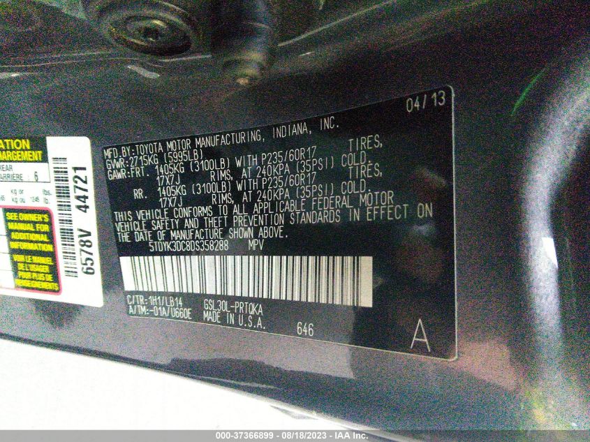 2013 TOYOTA SIENNA XLE AAS/XLE/LTD - 5TDYK3DC8DS358288
