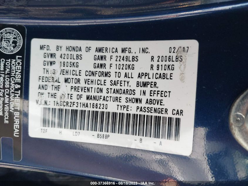 2017 HONDA ACCORD SEDAN LX - 1HGCR2F31HA166230