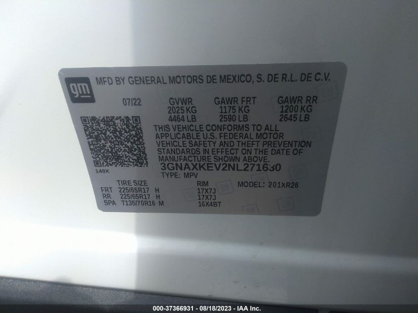 2022 CHEVROLET EQUINOX LT - 3GNAXKEV2NL271630