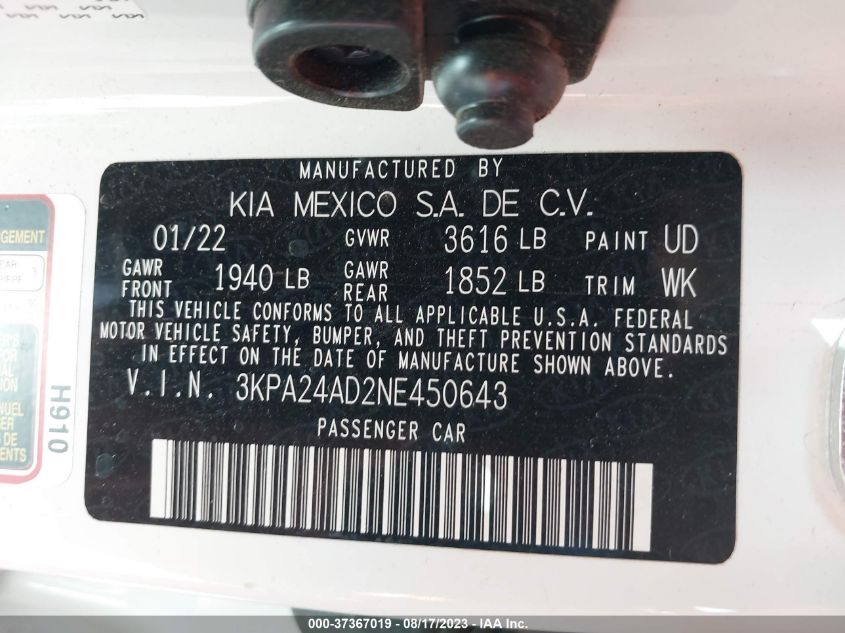 2022 KIA RIO S - 3KPA24AD2NE450643