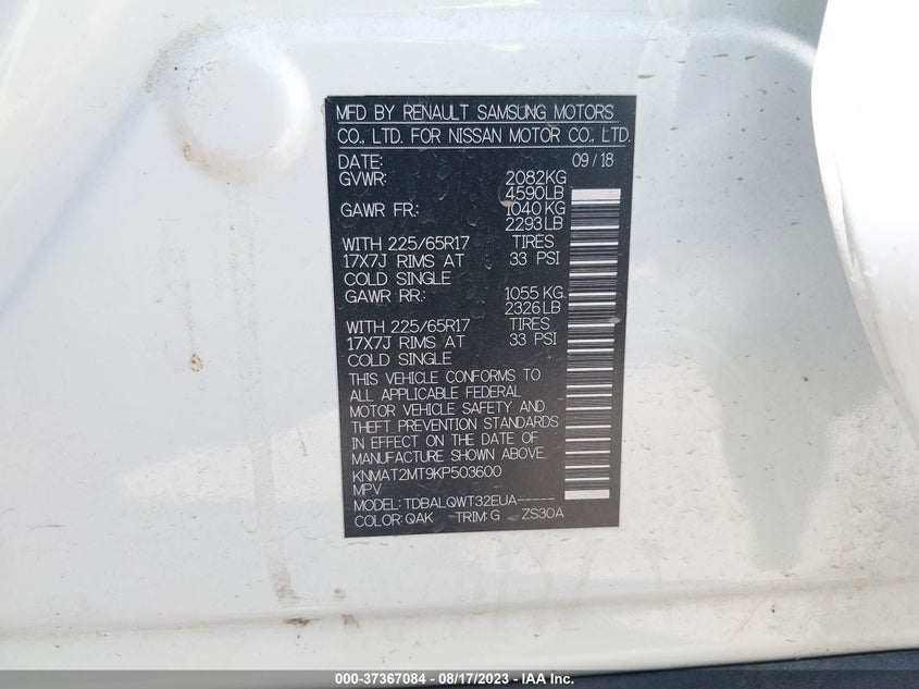 VIN KNMAT2MT9KP503600 2019 NISSAN ROGUE S/SV