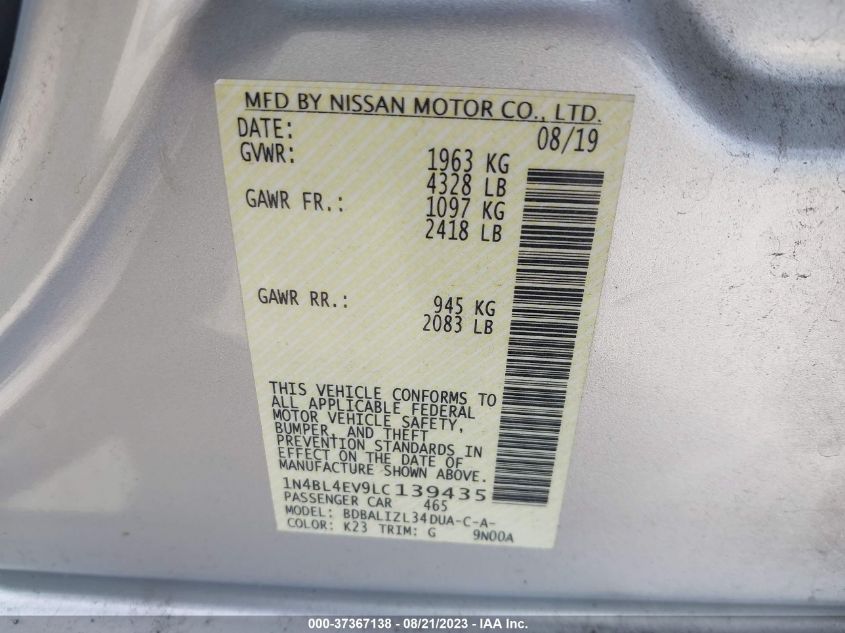 2020 NISSAN ALTIMA SL - 1N4BL4EV9LC139435