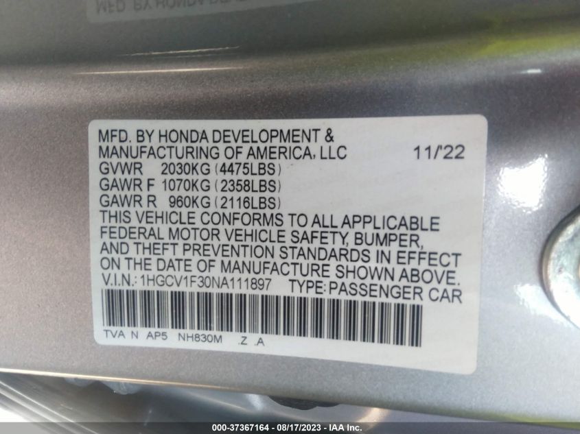2022 HONDA ACCORD SEDAN SPORT - 1HGCV1F30NA111897