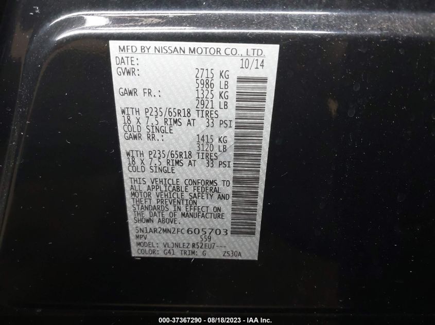2015 NISSAN PATHFINDER S/SV/PLATINUM/SL - 5N1AR2MN2FC605703