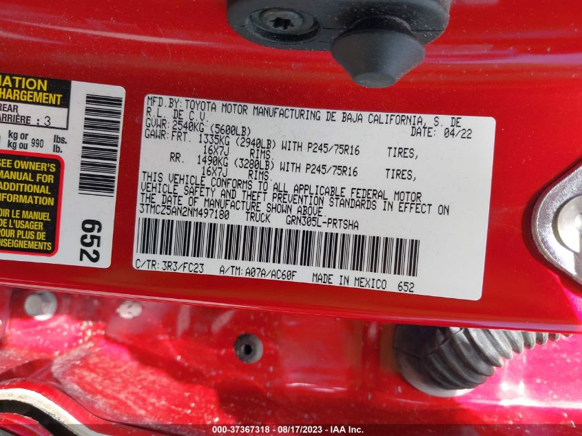 2022 TOYOTA TACOMA 4WD SR/SR5/TRD SPORT - 3TMCZ5AN2NM497180