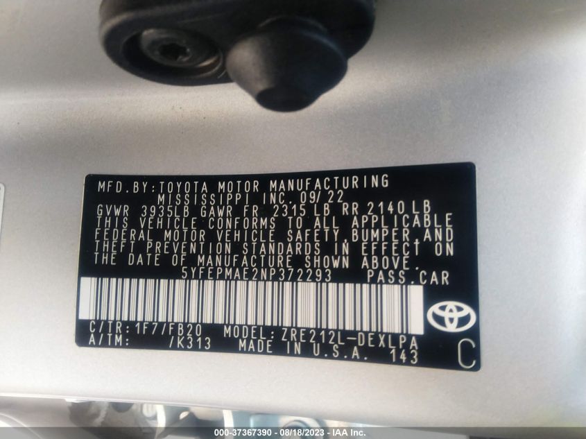 2022 TOYOTA COROLLA LE - 5YFEPMAE2NP372293
