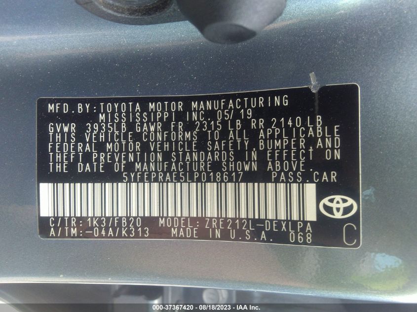 2020 TOYOTA COROLLA LE - 5YFEPRAE5LP018617