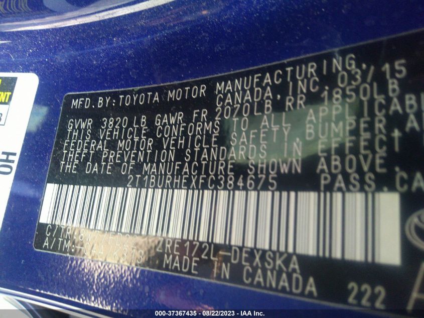 2015 TOYOTA COROLLA L/LE/S/S PLUS/LE PLUS - 2T1BURHEXFC384675